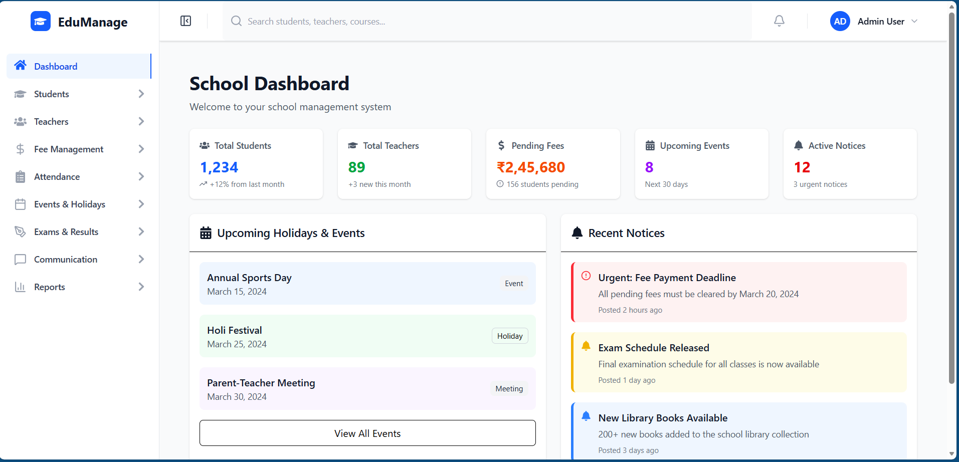 School Management Systems Dashbaord